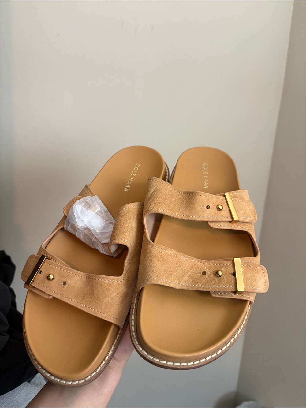 New Cole Haan Tan Double-Strap Slide Sandals